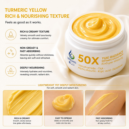 Yuki Radiance 50X Whitening Booster Cream featuring a rich creamy texture with lightweight hydration, smooth application, and fast-absorbing skincare benefits for soft, radiant-looking skin.