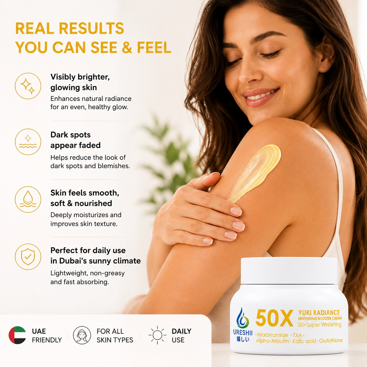 Yuki Radiance 50X Whitening Booster Cream showcased with a model applying the cream, highlighting brighter-looking skin, hydration, smoother texture, and everyday skincare support.