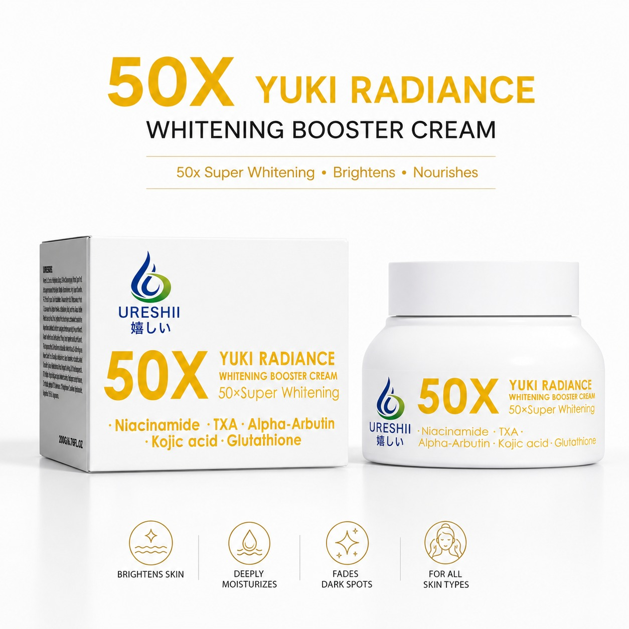 Ureshii Yuki Radiance 50X Whitening Booster Cream formulated with niacinamide, alpha arbutin, kojic acid, and glutathione to support brighter-looking, hydrated, and even-toned skin.