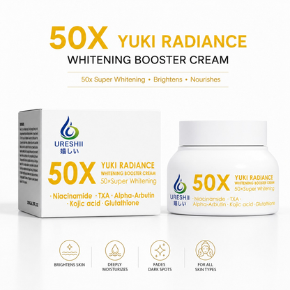 Ureshii Yuki Radiance 50X Whitening Booster Cream formulated with niacinamide, alpha arbutin, kojic acid, and glutathione to support brighter-looking, hydrated, and even-toned skin.