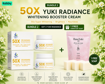 Yuki Radiance Whitening Booster Cream Bundle 2 featuring two brightening creams with a free Hanayuki Soap to support hydrated, smooth, and radiant-looking skin.