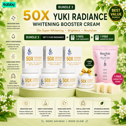 Yuki Radiance Whitening Booster Cream Bundle 3 best value offer featuring multiple brightening creams with free Yuki Radiance cream and free Hanayuki Soap for a complete skincare bundle.
