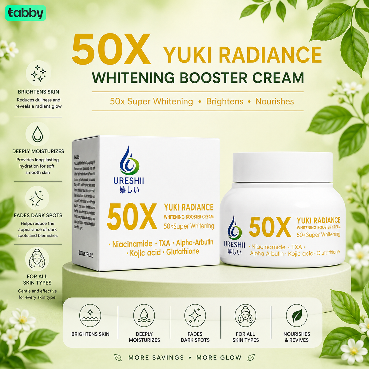 Yuki Radiance Whitening Booster Cream featuring niacinamide, alpha arbutin, kojic acid, and glutathione to support brighter-looking, hydrated, and even-toned skin.