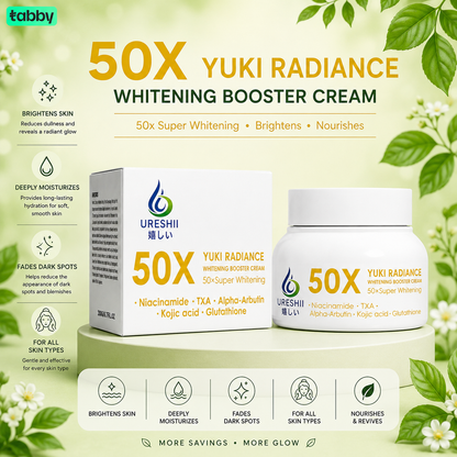 Yuki Radiance Whitening Booster Cream featuring niacinamide, alpha arbutin, kojic acid, and glutathione to support brighter-looking, hydrated, and even-toned skin.